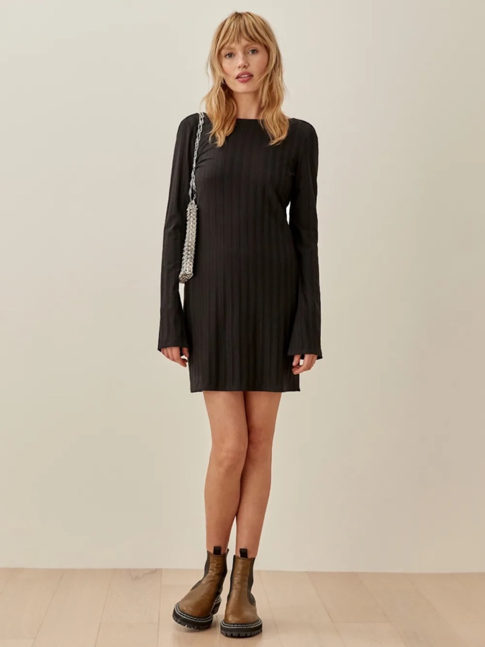 Reformation black ribbed long sleeve Cait open back mini dress size M